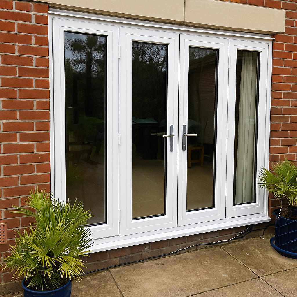 French Doors with Greenery and Brick Wall